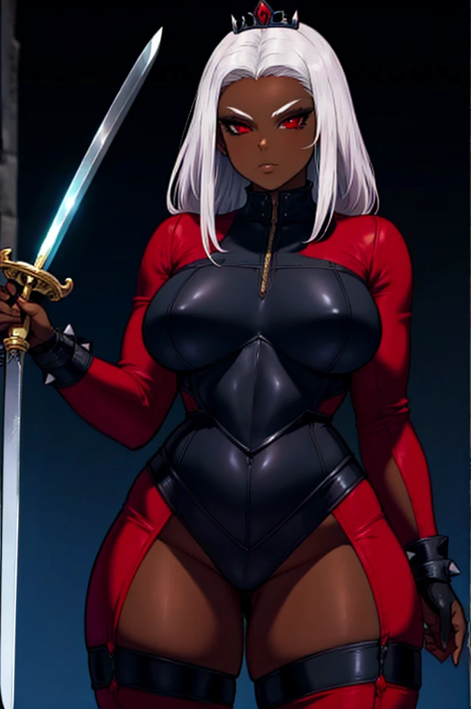 imagined a sfw dark persona curvy dominatrix dark elf queen black & red outfit holding a rapier sword, dark skin, sliver hair red eyes, spike, armor fantasy clothe