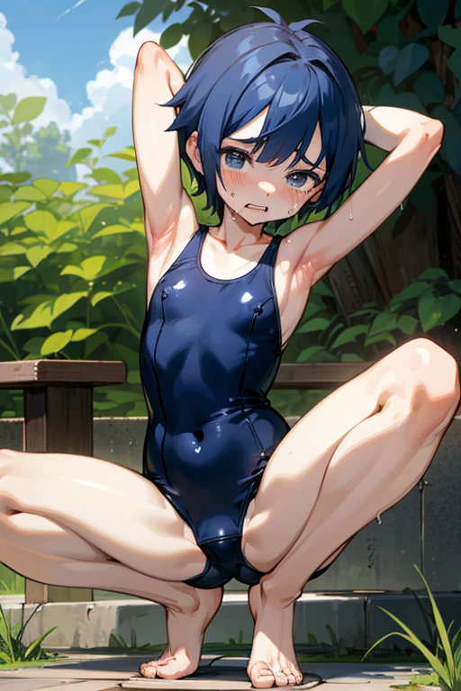 18 year old Japanese, Visible nipples、Berry Short、boyish、small size of breasts, Flat Chest、Sidelim body, Squat posture、Spread your legs, Spread your legs, Only One Boy, One piece swimsuit、Navy blue school swimsuit、Front of body、looking at the camera、Scared、Shame play、Embarrassing、Are crying、Flowing Tears、Open Mouth、barefoot、incontinence、Boy urinating outdoors、Armpits、Hands behind head、Ladies Men、Swollen crotch
