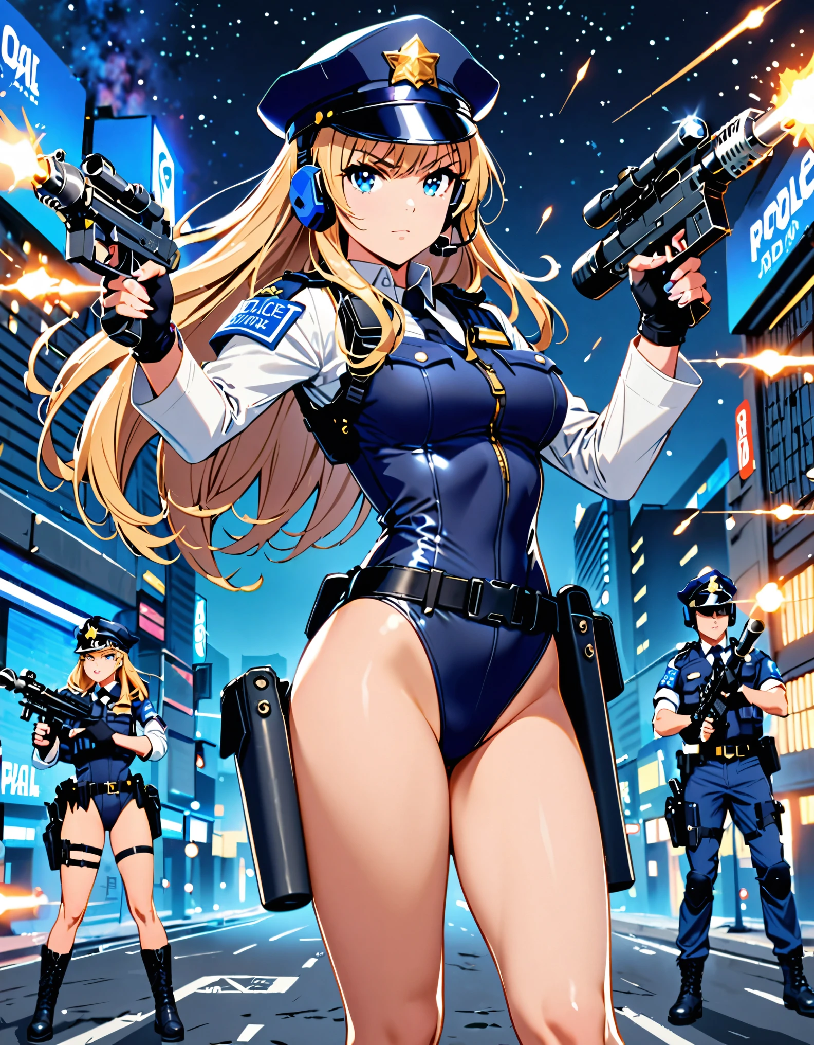 (masterpiece), (best quality), (high res),1girl, tall body, ((long hair, blonde hair, bangs)), (blue eyes), beautiful detailed eyes, beautiful detailed face, cute face, perfect hands, complete fingers, perfect anatomy, perfect proportions, ((hat, jet black police hat)), ((leotard, matching leotard, bare legs)), ((boots, matching boots)), breasts, medium breasts, (tactical headset), fingerless gloves, (full body portrait), looking at viewer, solo, solo focus, aggressive action pose, police uniform, shoulder pads, cowboy shot, galactic street backdrop, outdoors, (belt, tight belt), (armbands, white sleeves), holster, ahoge, using dl44blstr, serious, shootout, blaster bolts, full body costume design.