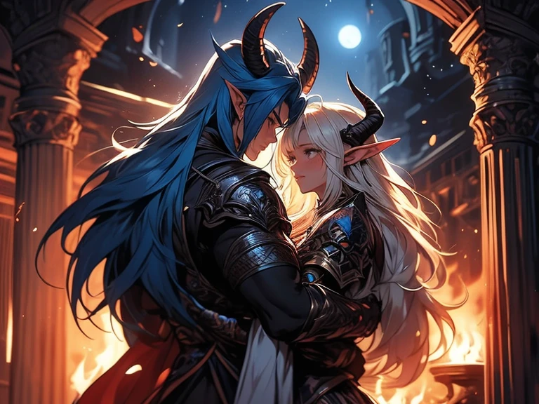 a tall male elf with huge muscles demon horns and dark blue long hair wearing armor hugging a female blonde elf in a medieval room near a pillar, dangerous huge burning comet falling down outside from the sky, dark sky, dangerous athmosphere, lovers, male with blue hair, blonde female