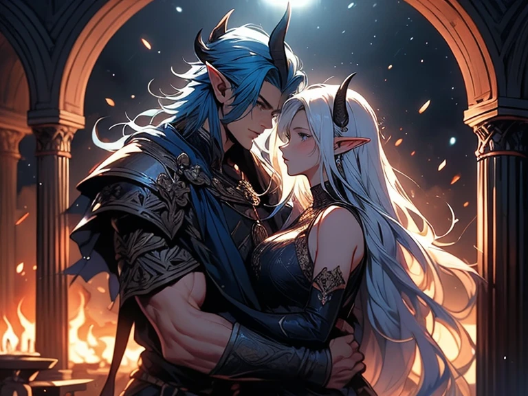 a tall male elf with huge muscles demon horns and dark blue long hair wearing armor hugging a female blonde elf in a medieval room near a pillar, dangerous huge burning comet falling down outside from the sky, dark sky, dangerous athmosphere, lovers, male with blue hair, blonde female