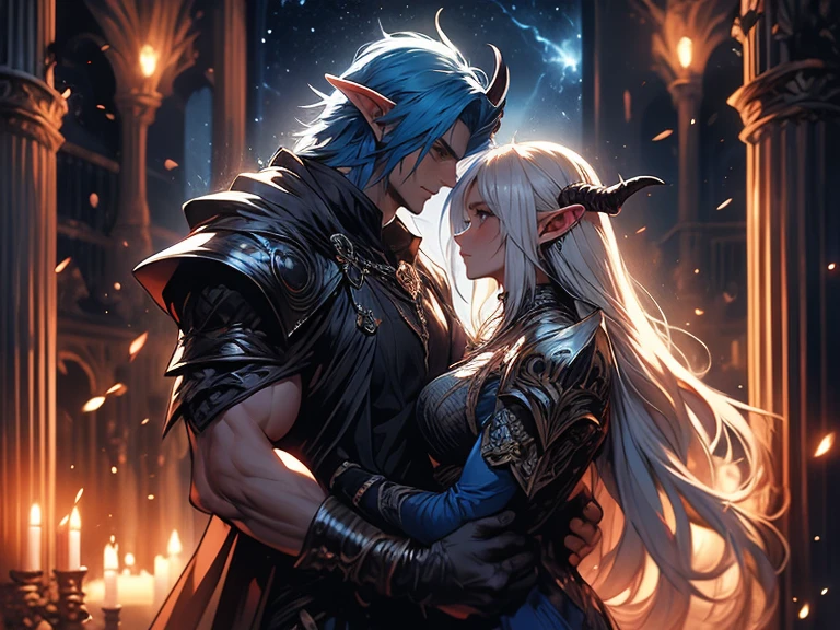 a tall male elf with huge muscles demon horns and dark blue long hair wearing armor hugging a female blonde elf in a medieval room near a pillar, dangerous huge burning comet falling down outside from the sky, dark sky, dangerous athmosphere, lovers, male with blue hair, blonde female