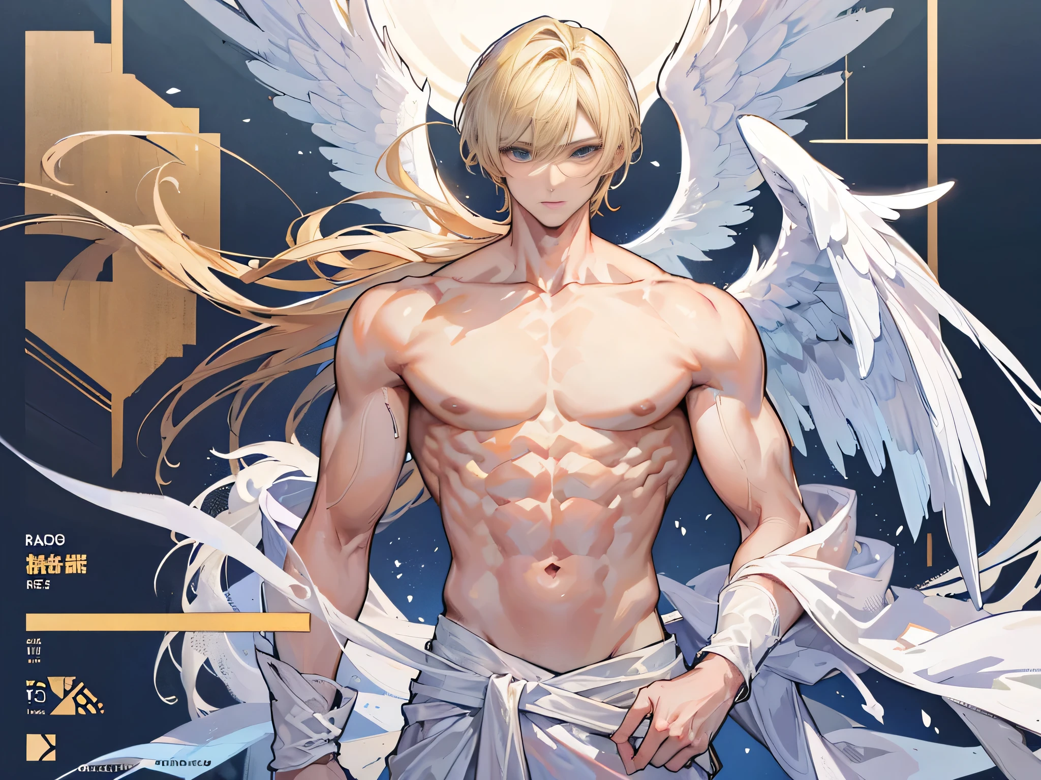 ((Masterpiece, Highest quality)), Male, boy, Detailed face, character design sheet， full bodyesbian, Full of details, frontal body view, back body view, Highly detailed, Depth, Many parts, angel wings, angel outfit, Muscle boy with blond hair bangs，handsome man, male angel , man tall,  abs, pectoral muscle