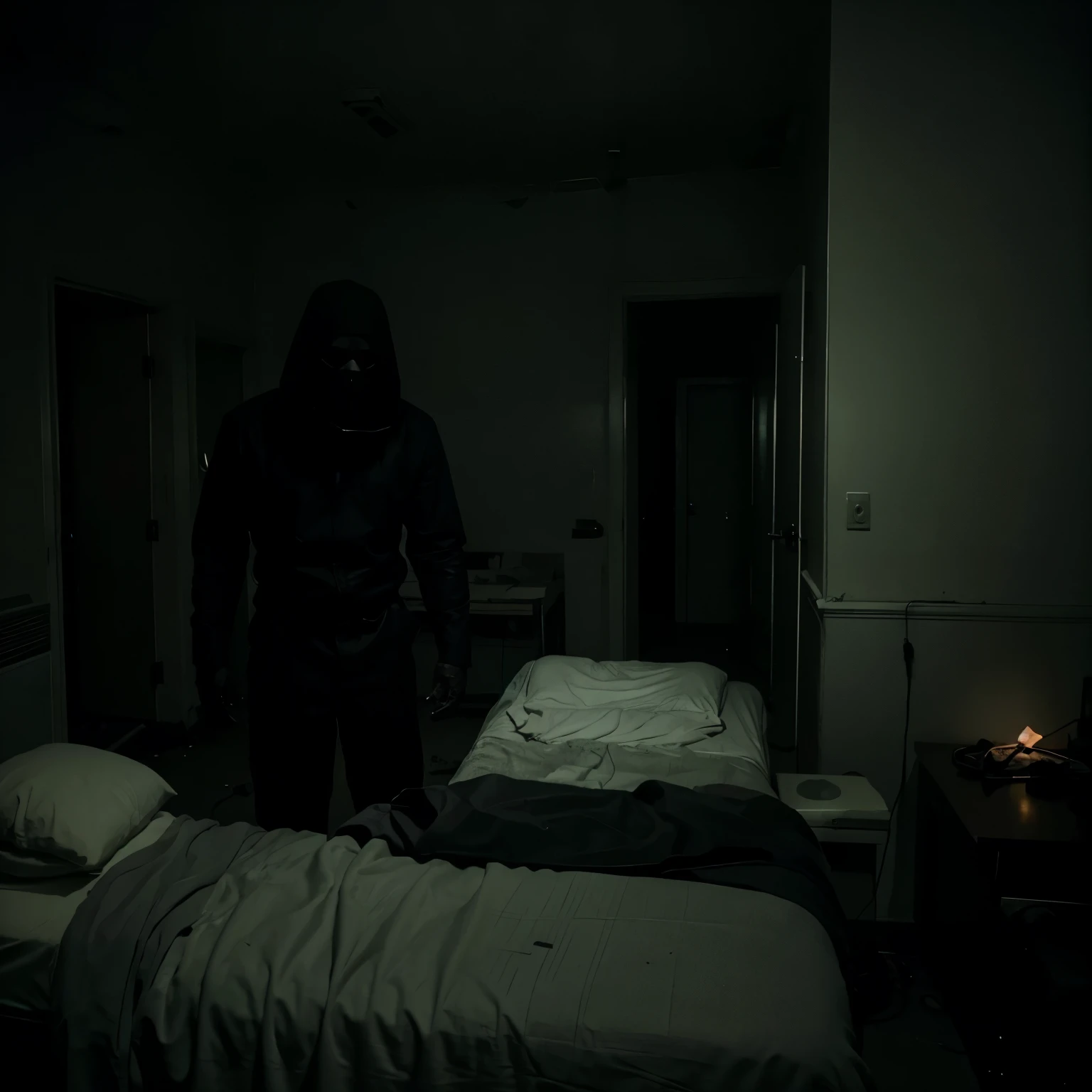 Describe a dark scene in an abandoned hospital, where an ominous black figure hovers over the bed of a frightened patient. The room is lit only by a dim light, highlighting the patient's pale face and expression of terror as he watches the figure moving around the room, creating an atmosphere of suspense and horror.