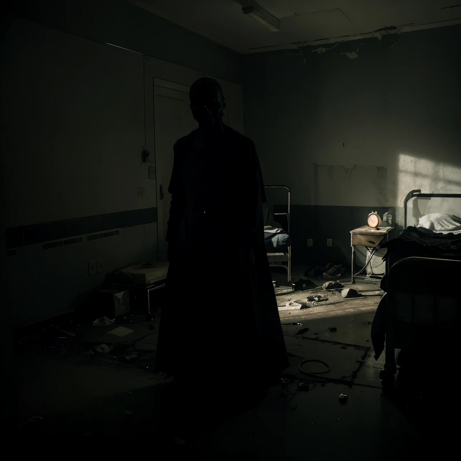 Describe a dark scene in an abandoned hospital, where an ominous black figure hovers over the bed of a frightened patient. The room is lit only by a dim light, highlighting the patient's pale face and expression of terror as he watches the figure moving around the room, creating an atmosphere of suspense and horror.