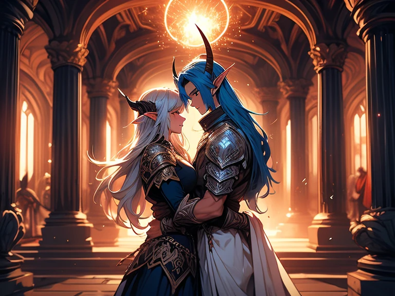 a tall male elf with huge muscles demon horns and dark blue long hair wearing armor hugging a female blonde elf in a medieval room near a pillar, dangerous huge burning comet falling down outside from the sky, dark sky, dangerous athmosphere, lovers, male with blue hair and blonde female elf