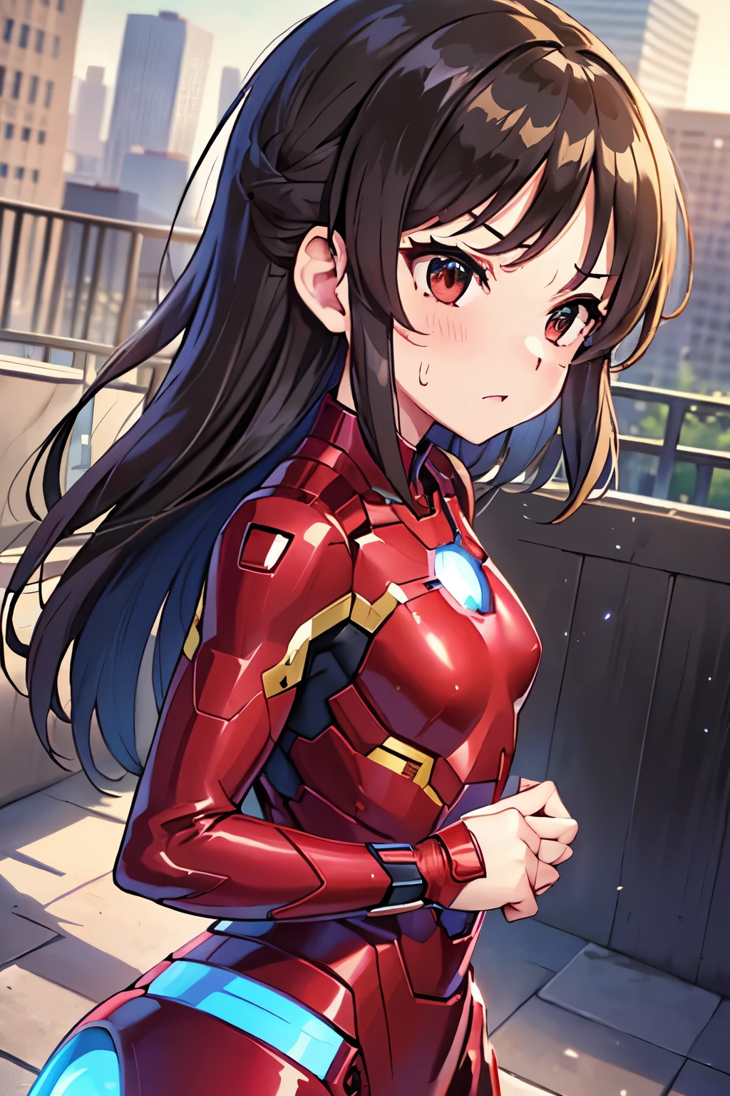 NSFW、、child、Long Hair、((Smallsts、Small breasts、child体型、Angry、Wounded Body、Bibbon))、((Iron Man suit with holes))、City of night、Rooftop、Boxing stance、8 year old 、Fight the enemy、A body in scars、Struggled、Sweating profusely