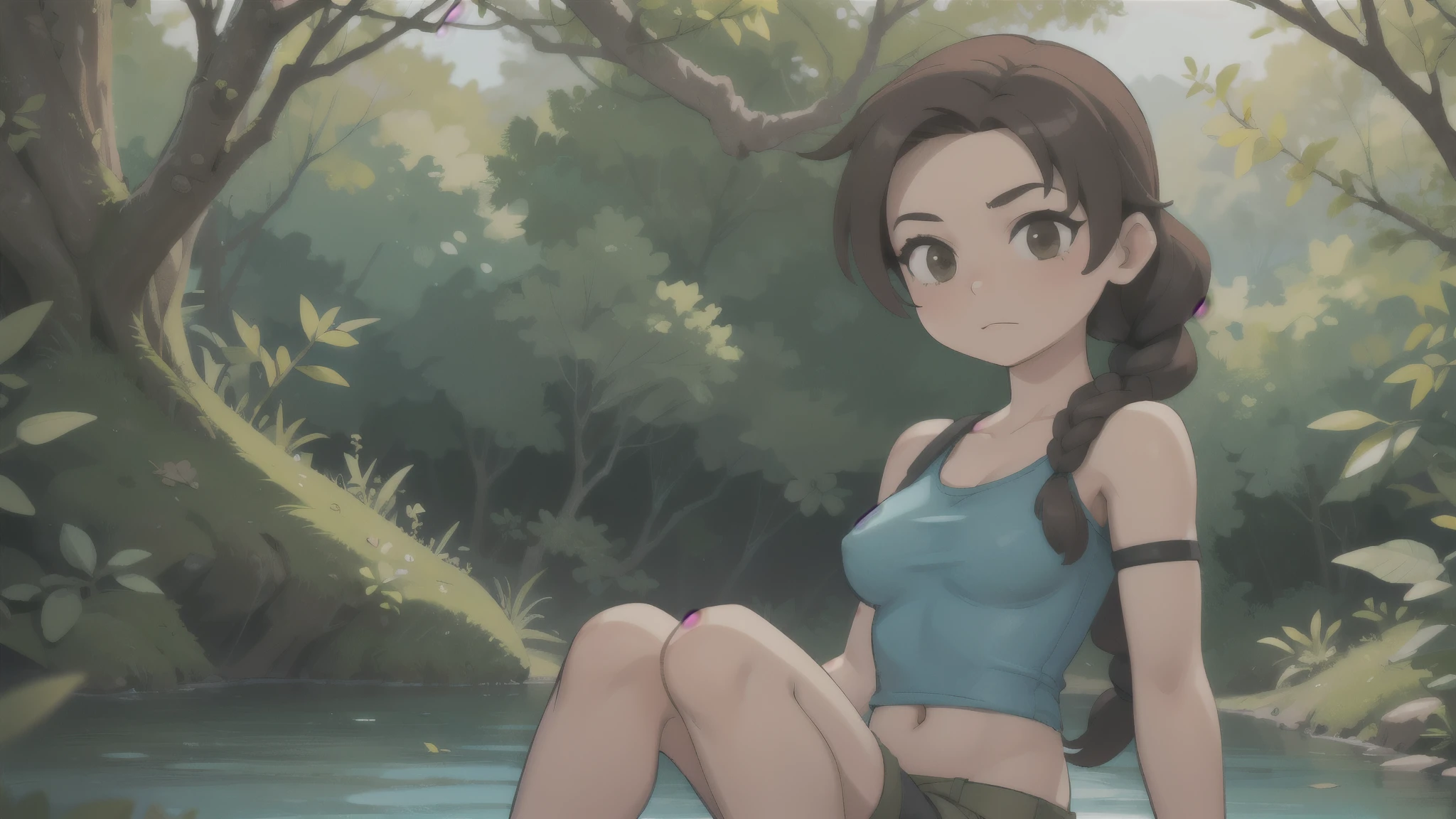 melhor qualidade, obra de arte, nijistyle lara croft |, single braid, top azul, shorts marrons, luvas sem dedos, coldre