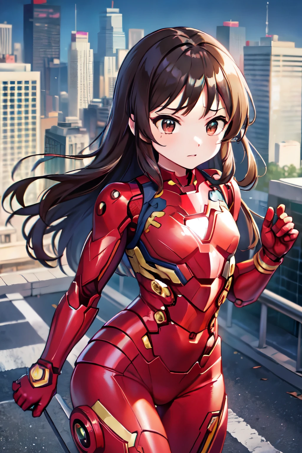 NSFW、、child、Long Hair、((Smallsts、Small breasts、child体型、Angry、Wounded Body、Bibbon))、((Iron Man suit with holes))、City of night、Rooftop、Boxing stance、8 year old 、Fight the enemy、A body in scars、Struggled、Sweating profusely