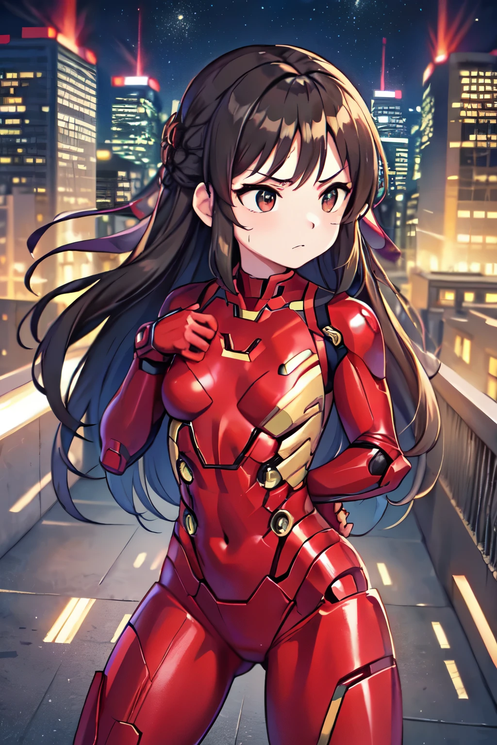 NSFW、、child、Long Hair、((Smallsts、Small breasts、child体型、Angry、Wounded Body、Bibbon))、((Iron Man suit with holes))、City of night、Rooftop、Boxing stance、8 year old 、Fight the enemy、A body in scars、Struggled、Sweating profusely