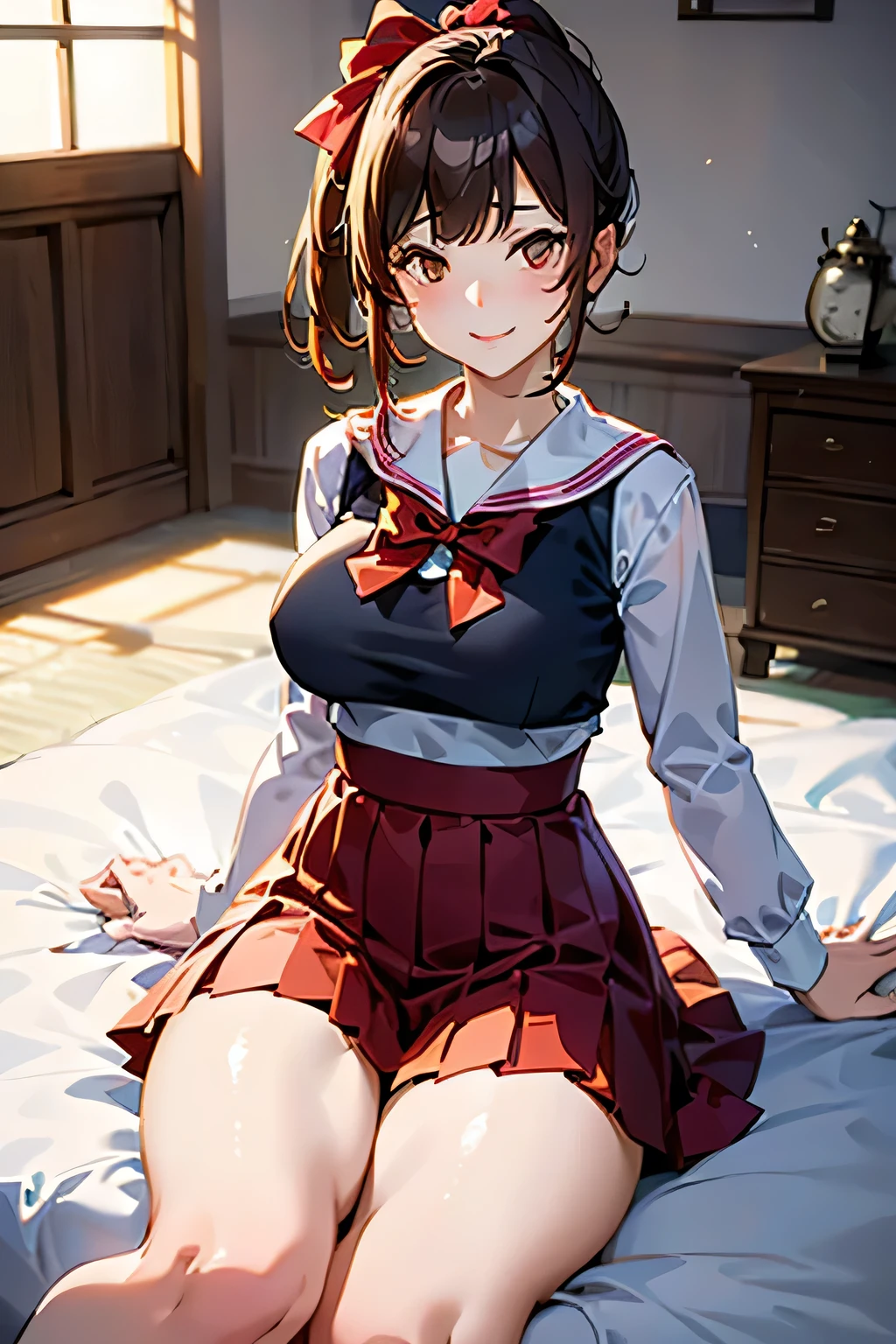 (((Sitting on a futon in the bedroom:1.3))),(((Sailor suit))),(((Pleated skirt))),(Dark red bow tie:1.3),Cute face,Extreme close up of face,Shiny light brown and orange striped short hair,Messy ponytail,Cute Smile,Perfect round face,iris,(hairpin、ponytail、Floating Hair、),????? Slip,(Accentuate larger ???????:1.3).Professional Lighting,Cinematic Light,(Tabletop,highest quality,Ultra-high resolution output images,) ,(8K quality,),(Ocean Art 2.0 Mode:1.3),(Picture Mode Ultra HD,)