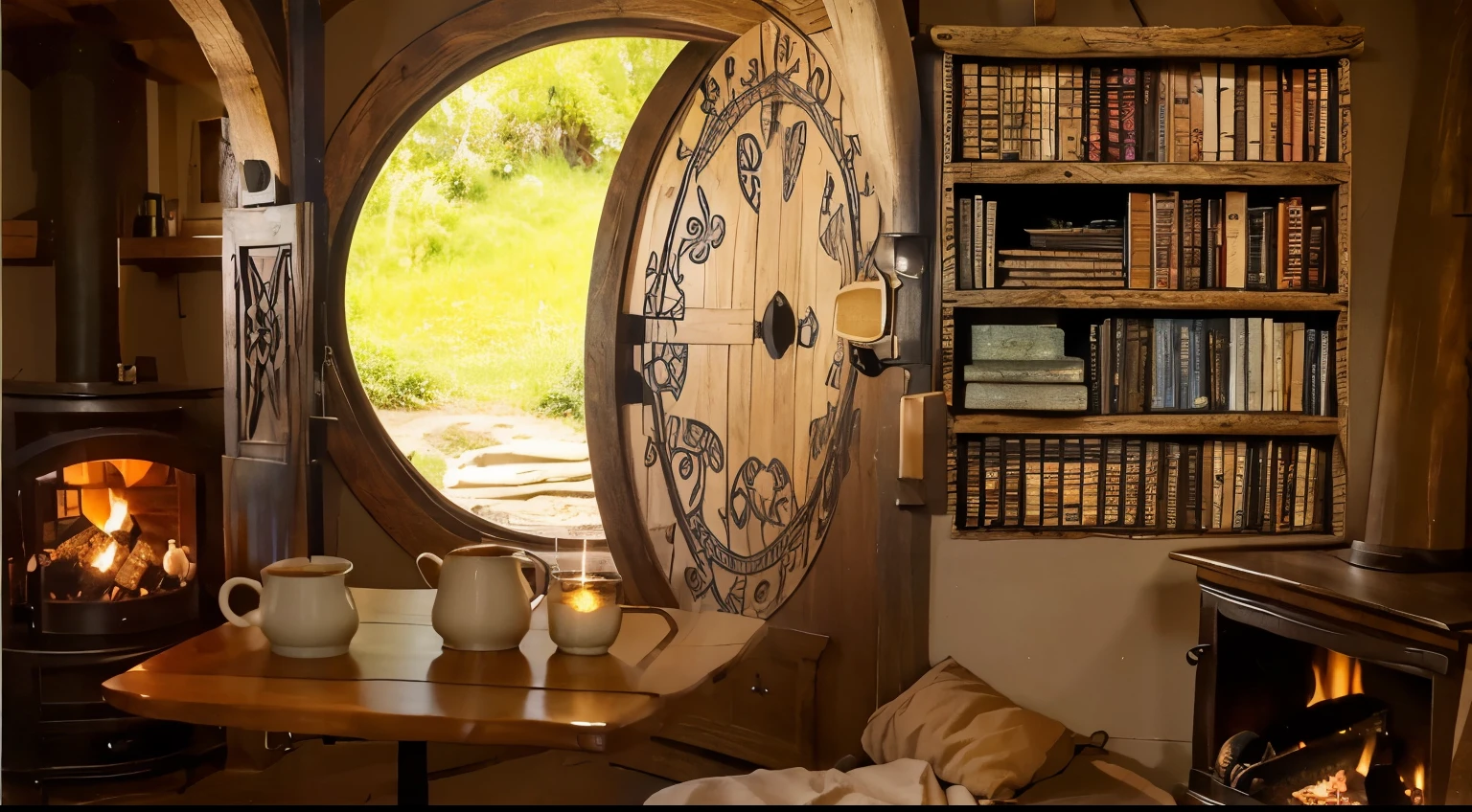 a cozy hobbit hideout, a large hoobit rounded door, a table with cup, coffee can a candle, a cozy bed, two side fireplaces, a bookshelf, a pretty celtic woodwork