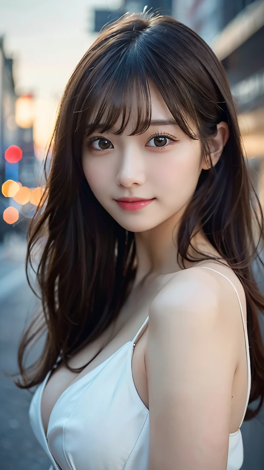 (Realistic, Realistic: 1.37), (masterpiece, highest quality: 1.2)、(White skin: 1.3)、(Beautiful Face: 1.3), (超Detailed Background, Detailed Background: 1.3)、Photos of very cute and beautiful Japanese women、Upper body image、(movie light: 1.3)、Dark brown eyes、Beautiful brown hair、Blunt bangs、Long Hair、((Large :1.2))、(Bodysuits)、Corset Hinneyskin)、(detailed city background:1.2), (Captivating smile:1.15), Perfect female body