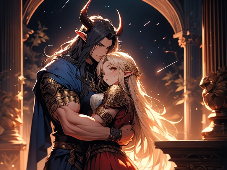 a tall male elf with huge muscles demon horns and dark blue long hair wearing armor hugging a female blonde elf in a medieval room near a pillar, dangerous huge burning comet falling down outside from the sky, dark sky, dangerous athmosphere, lovers