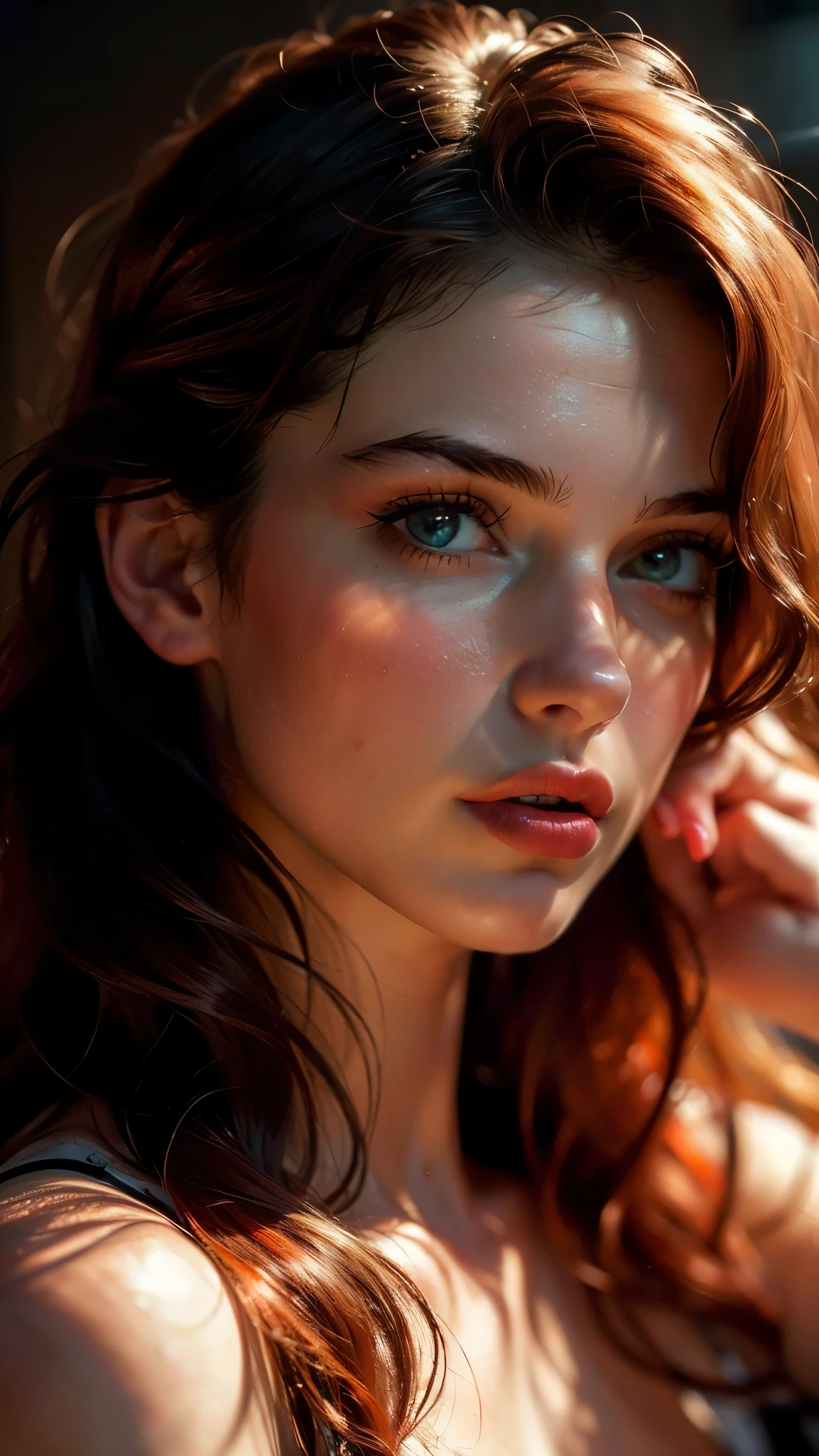 (((ultra realistic))) Photo, masterpiece, top quality, (pale skin), (Ultra detailed face and eyes:1.3), 1 girl, Adult, In Lifchik, ((Eye makeup, pink mascara)), ((large detailed lips)), ((pink wavy hair)), ((Stylish hairstyle)) , (Natural breasts), Slim waist. ((Posing, Hand on face)), photoshoot, Studio soft lighting, (The play of light and shadows), depth of field, bokeh, (special attention to skin detail: 1.2), Detailed leather texture, skin pores. (Warm atmosphere of the frame. color scheme - black, Red, Yellow, orange tones), ((by Max Twain)) , UDR, ((Film grain)), ((rays)), (Glare), ((waist up portrait, close to the camera)) , ultra detialed, 