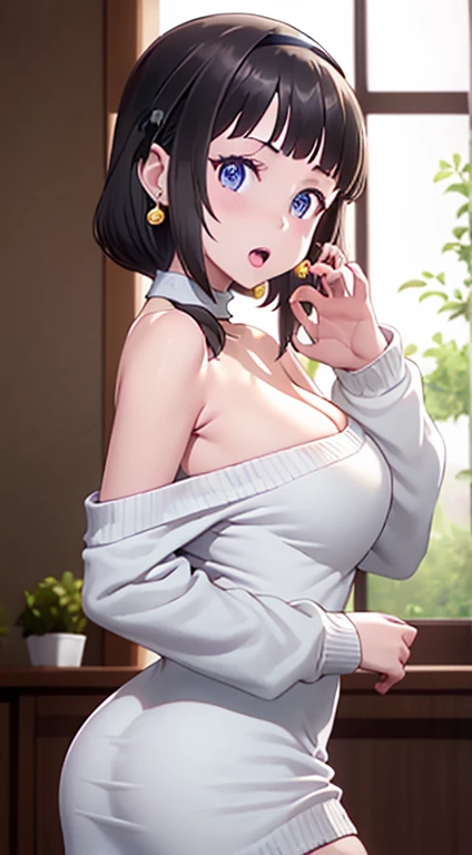 masterpiece, yor, 1girl, Bust A Cup, Amazing Cleavage:1.0, thin waist, big ass, Raised sexy, medium breast: 1.0 posed cleavage:1.2、solo, looking at viewer, open mouth, black hair, red eyes, dress, bare shoulders, jewelry, collarbone, sidelocks, hairband, earrings, indoors, off shoulder, :o, sweater, arms behind back, plant, short hair with long locks, white hairband, off-shoulder dress, sweater dress, off-shoulder sweater, red sweater, big side hair, very long side hair,is rendered in (masterpiece: 1.2, best quality), with (ultra high resolution) and an exquisite (depth of field). This masterpiece is not only visually stunning but also tells
