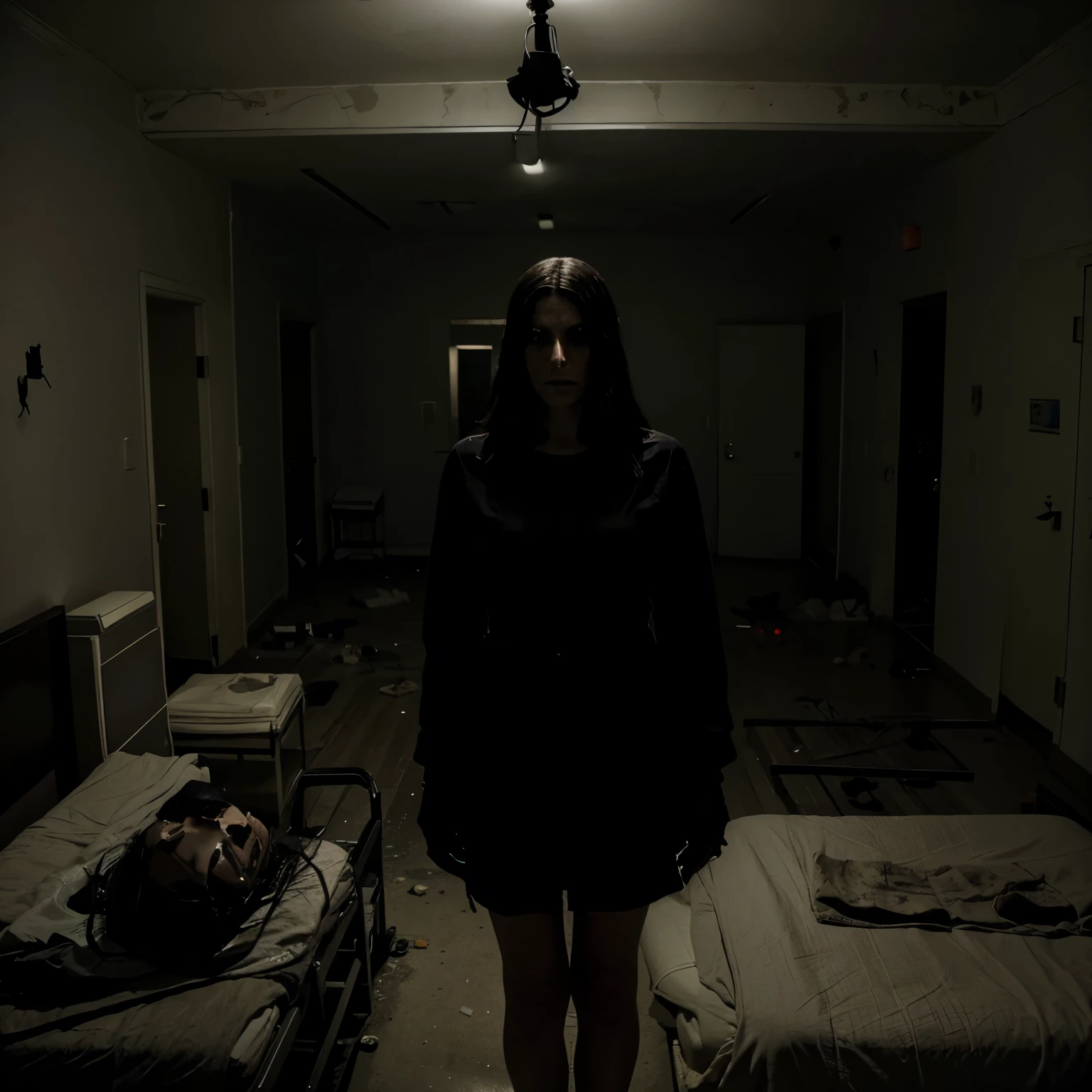 Describe a dark scene in an abandoned hospital, where an ominous black figure hovers over the bed of a frightened patient. The room is lit only by a dim light, highlighting the patient's pale face and expression of terror as he watches the figure moving around the room, creating an atmosphere of suspense and horror.