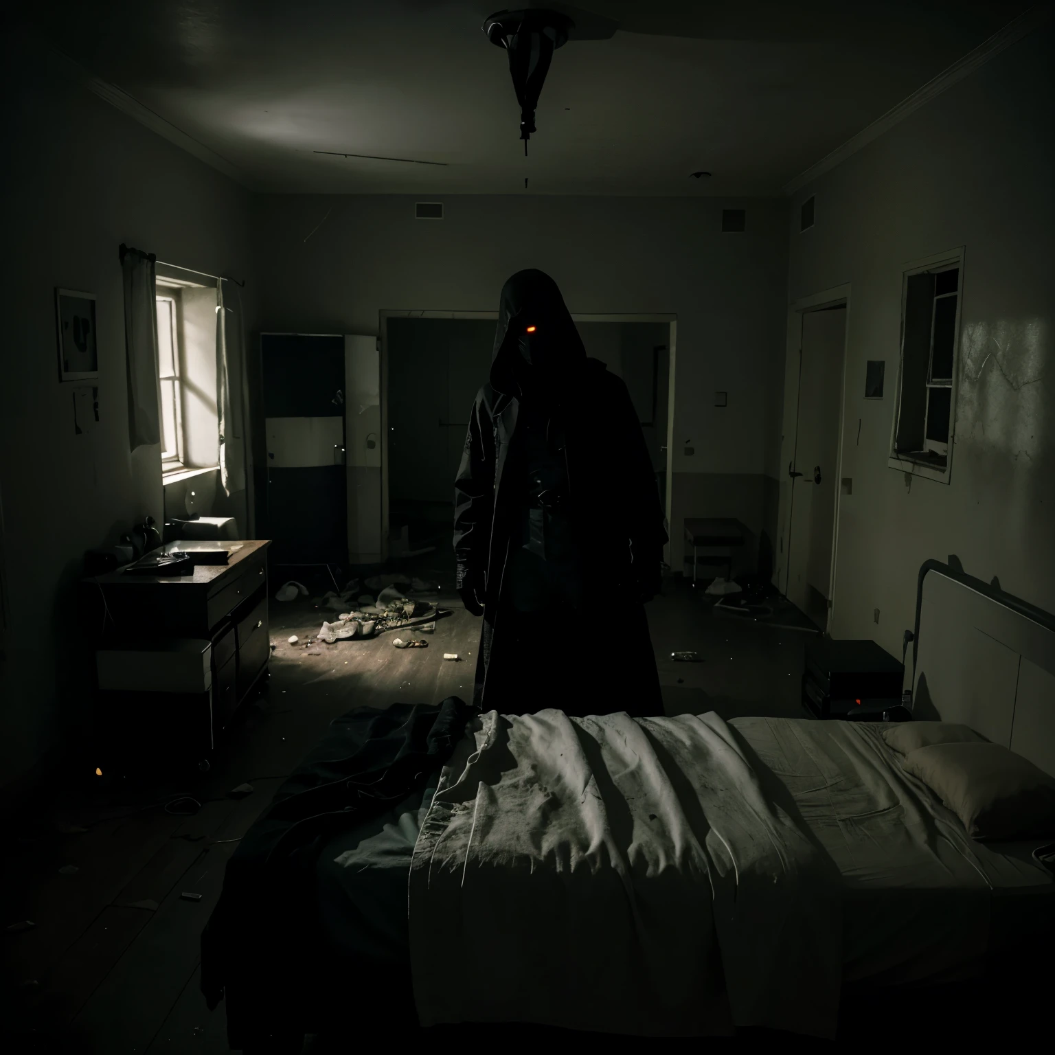 Describe a dark scene in an abandoned hospital, where an ominous black figure hovers over the bed of a frightened patient. The room is lit only by a dim light, highlighting the patient's pale face and expression of terror as he watches the figure moving around the room, creating an atmosphere of suspense and horror.