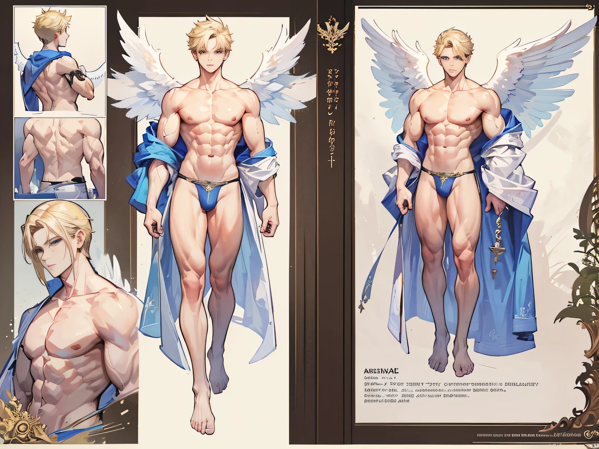 ((Masterpiece, Highest quality)), Male, boy, Detailed face, character design sheet, full bodyesbian, Full of details, frontal body view, back body view, Highly detailed, Depth, Many parts, angel wings, angel outfit, Muscle boy with blond hair,handsome man, male angel , man tall, abs, pectoral muscle