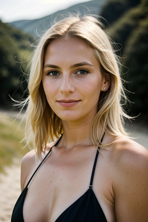 Foto einer Frau, (happy facial expression), strukturierte Haut, , blonde schulterlange Haare, roter bikini, Strand, dunkle, perfekte Augen, (Kerzenlicht,Chiaroscuro), 160-Farben-Halter, gedreht mit ARRI ALEXA 65, bokeh, scharfer Fokus auf das Motiv, gedreht von Don McCullin, full face view