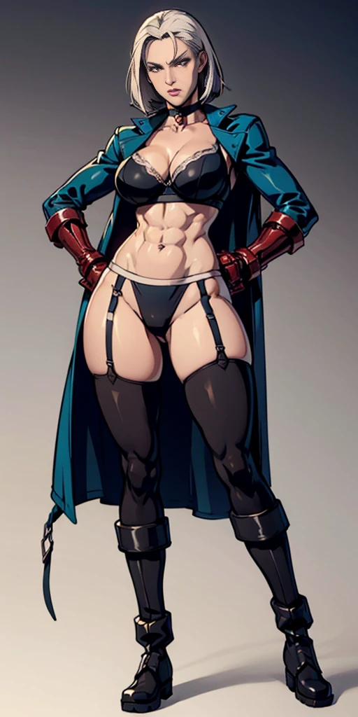 ((Plain background 1:2)) (Cammy White Street Fighter white silver short bob haircut) Female full body standing straight symmetrical looking to the viewer RED full body armored (handcuffs, ????????, rerebrace, faulds, poleyn, gauntlets, leather collar choker, gloves, gauntlets, high boots bootstraps, black stockings) 2 crossing big belt under belly button, navel, abs, garter straps belts attaching bra ((hands on ????)) view from below, wide ???? - choppy bangs, arched crescent eyebrows, sharp and determined eyes, a delicate oval face, a serious expression, a fantasy-style dark green military coat, draped with a dark red cloak, leather combat boots, silver greaves leggings, this character embodies a finely crafted fantasy style female military officer in anime style, exquisite and mature manga art style, pale skin, big ?????? knockers cleavage,