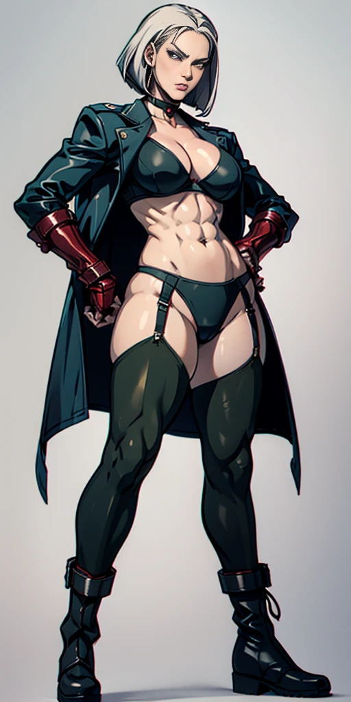 ((Plain background 1:2)) (Cammy White Street Fighter white silver short bob haircut) Female full body standing straight symmetrical looking to the viewer RED full body armored (handcuffs, shackles, rerebrace, faulds, poleyn, gauntlets, leather collar choker, gloves, gauntlets, high boots bootstraps, black stockings) 2 crossing big belt under belly button, navel, abs, garter straps belts attaching bra ((hands on hips)) view from below, wide hips - choppy bangs, arched crescent eyebrows, sharp and determined eyes, a delicate oval face, a serious expression, a fantasy-style dark green military coat, draped with a dark red cloak, leather combat boots, silver greaves leggings, this character embodies a finely crafted fantasy style female military officer in anime style, exquisite and mature manga art style, pale skin, big breast knockers cleavage,
