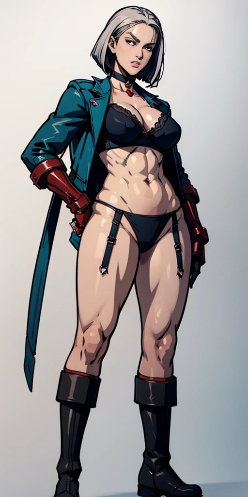 ((Plain background 1:2)) (Cammy White Street Fighter white silver short bob haircut) Female full body standing straight symmetrical looking to the viewer RED full body armored (handcuffs, shackles, rerebrace, faulds, poleyn, gauntlets, leather collar choker, gloves, gauntlets, high boots bootstraps, black stockings) 2 crossing big belt under belly button, navel, abs, garter straps belts attaching bra ((hands on hips)) view from below, wide hips - choppy bangs, arched crescent eyebrows, sharp and determined eyes, a delicate oval face, a serious expression, a fantasy-style dark green military coat, draped with a dark red cloak, leather combat boots, silver greaves leggings, this character embodies a finely crafted fantasy style female military officer in anime style, exquisite and mature manga art style, pale skin, big breast knockers cleavage,