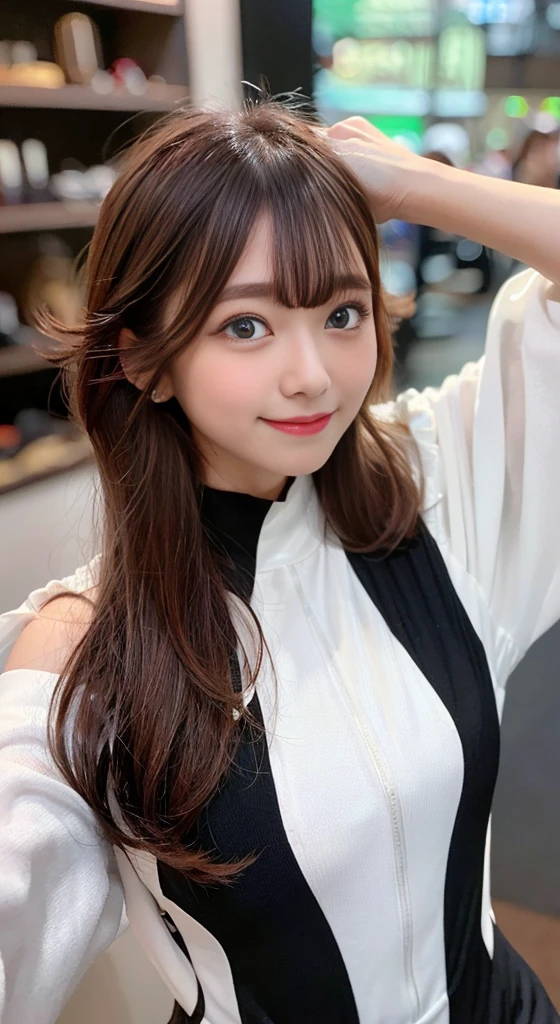 Hikimayu round eyelashes, Small Skin Dance (Dekaahoge) (Black big hair) Hairline (Half smooth back hairstyle) (Pulling the hair back) Asymmetrical bangs dark brown hair short hair big hair messy hair lip hair, Dark Red Bodysuit White Jumpsuit,A smile、Sletta Mail、a smile