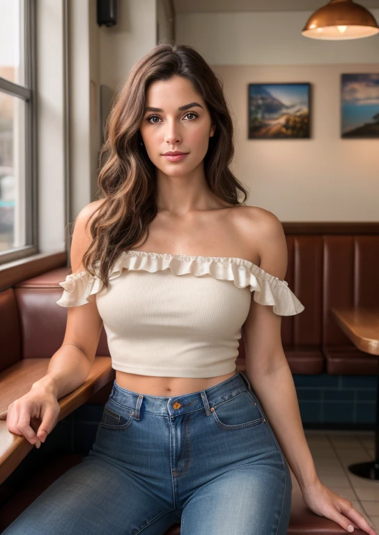 ((nsfw)), 8k, RAW photo, best quality, ultra high res, photorealistic, realistic photo of a girl wearing a croptop, bare shoulders, jeans, sitting in a diner, beautiful, detailed face, detailed, highres, realistic, photorealistic, full body, woman, 25 years old, long wavy brown hair, matte skin, pores, wrinkletremely detailed CG unity 8k wallpaper), photo of the most beautiful artwork in the world, professional majestic (photography by Steve McCurry), 8k uhd, dslr, soft lighting, high quality, film grain, Fujifilm XT3 sharp focus, f 5.6, High Detail, Sharp focus, dramatic, (looking at viewer:1.2), (natural light)