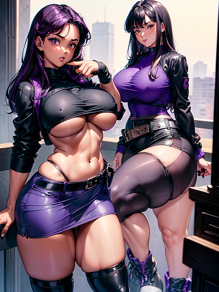 1990s, (masterpiece), high-definition, detailed face, cute girl, thick body, (big tits: 1.4) big hips, round ass, (black hair with dark purple highlights: 1.4), (tight grey t-shirt: 1.4), (black jacket: 1.4), (purple tight skirt: 1.3), belt, (black thong: 1.2), thigh high stockings, boots, fishnet, pin-up pose, balcony