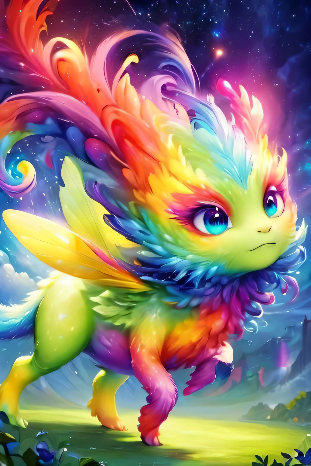 fantasy art , 8K, HD, Creature magic,coloful,rainbow,female,cute,pretty,fly,monster
