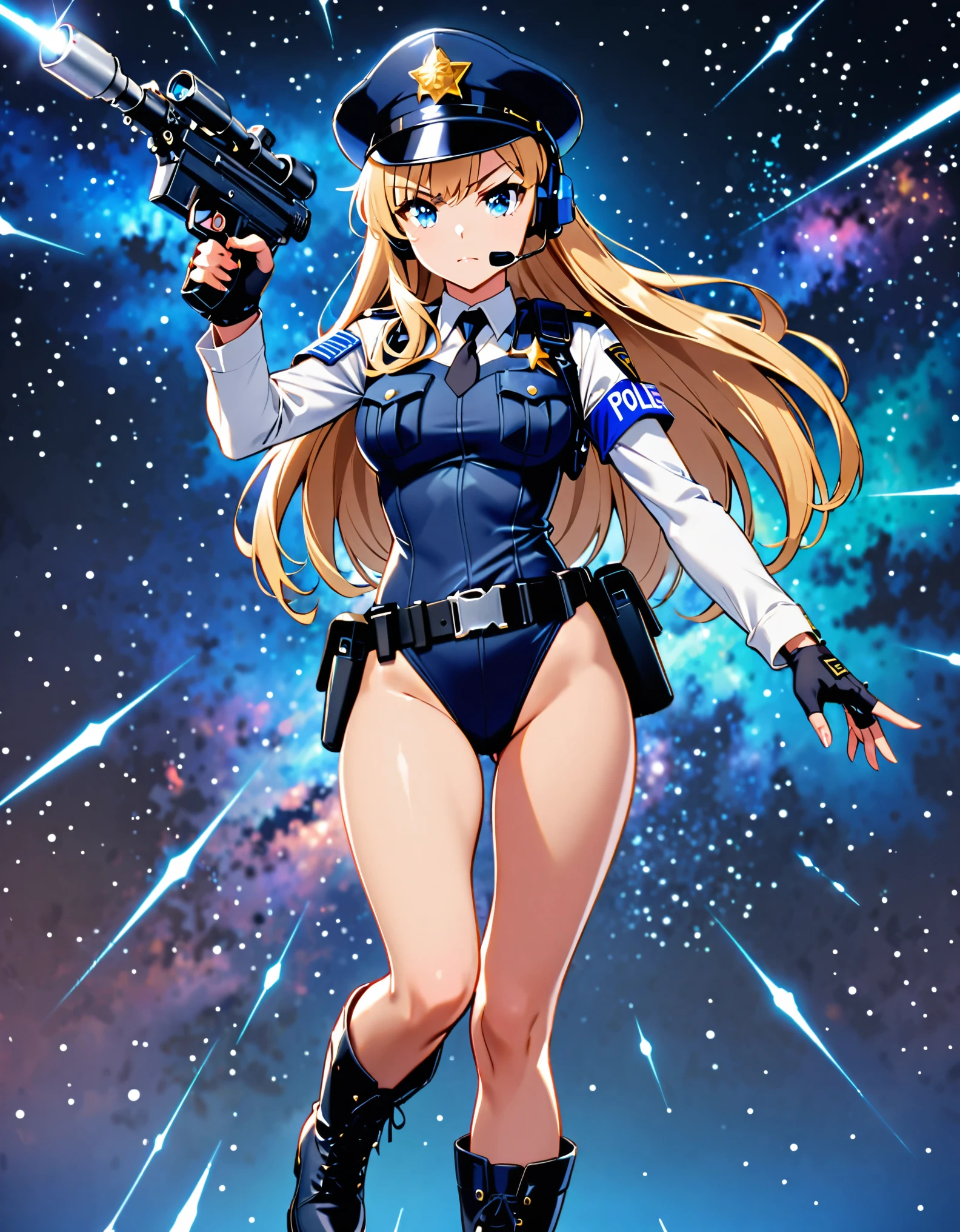 (masterpiece), (best quality), (high res),1girl, tall body, ((long hair, blonde hair, bangs)), (blue eyes), beautiful detailed eyes, beautiful detailed face, cute face, perfect hands, complete fingers, perfect anatomy, perfect proportions, ((hat, jet black police hat)), ((leotard, matching leotard, bare legs)), ((boots, matching boots)), breasts, medium breasts, (tactical headset), fingerless gloves, (full body portrait), looking at viewer, solo, solo focus, aggressive action pose, police uniform, shoulder pads, cowboy shot, galactic street backdrop, outdoors, (belt, tight belt), (armbands, white sleeves), holster, ahoge, using dl44blstr, serious, shootout, blaster bolts, full body costume design.