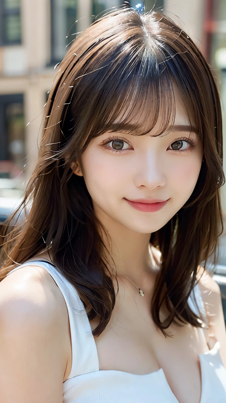 (masterpiece, highest quality: 1.2)、(White skin: 1.3)、(Beautiful Face: 1.3), (超Detailed Background, Detailed Background: 1.3)、Beautiful Japanese Women Photos、Upper body image、(Droopy eyes: 1.3)、Dark brown eyes、Beautiful brown hair、Blunt bangs、Long Hair、((Large Breasts:1.2))、(Bodysuits)、Corset Hinneyskin)、(detailed city background:1.2), (Captivating smile:1.15), Perfect female body