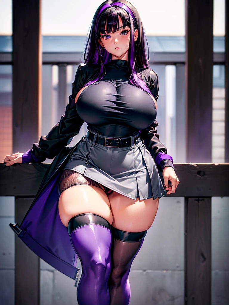 1990s, (masterpiece), high-definition, detailed face, cute girl, thick body, (big tits: 1.4) big hips, round ass, (black hair with dark purple highlights: 1.4), (tight grey t-shirt: 1.4), (black jacket: 1.4), (purple tight skirt: 1.3), belt, (black thong: 1.2), thigh high stockings, boots, fishnet, pin-up pose, balcony