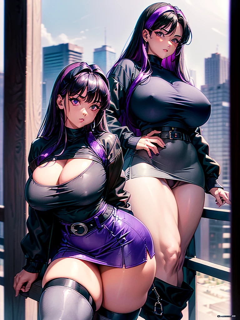 1990s, (masterpiece), high-definition, detailed face, cute girl, thick body, (big tits: 1.4) big hips, round ass, (black hair with dark purple highlights: 1.4), (tight grey t-shirt: 1.4), (black jacket: 1.4), (purple tight skirt: 1.3), belt, (black thong: 1.2), thigh high stockings, boots, fishnet, pin-up pose, balcony