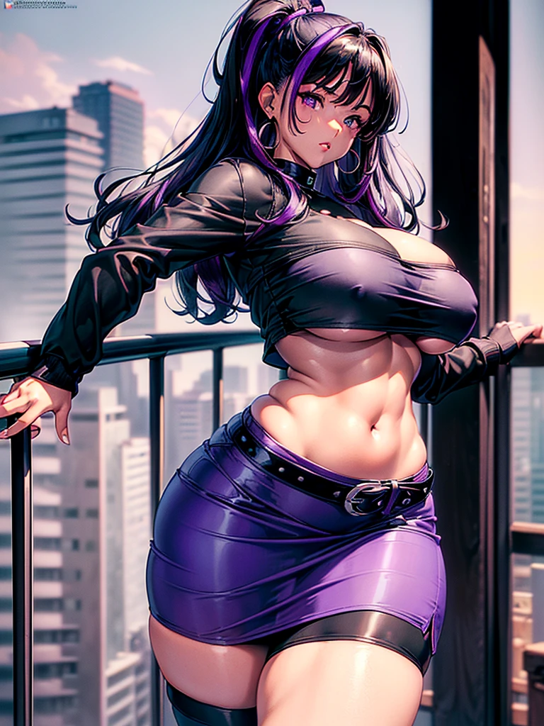 1990s, (masterpiece), high-definition, detailed face, cute girl, thick body, (big tits: 1.4) big hips, round ass, (black hair with dark purple highlights: 1.4), (tight grey t-shirt: 1.4), (black jacket: 1.4), (purple tight skirt: 1.3), belt, (black thong: 1.2), thigh high stockings, boots, fishnet, pin-up pose, balcony