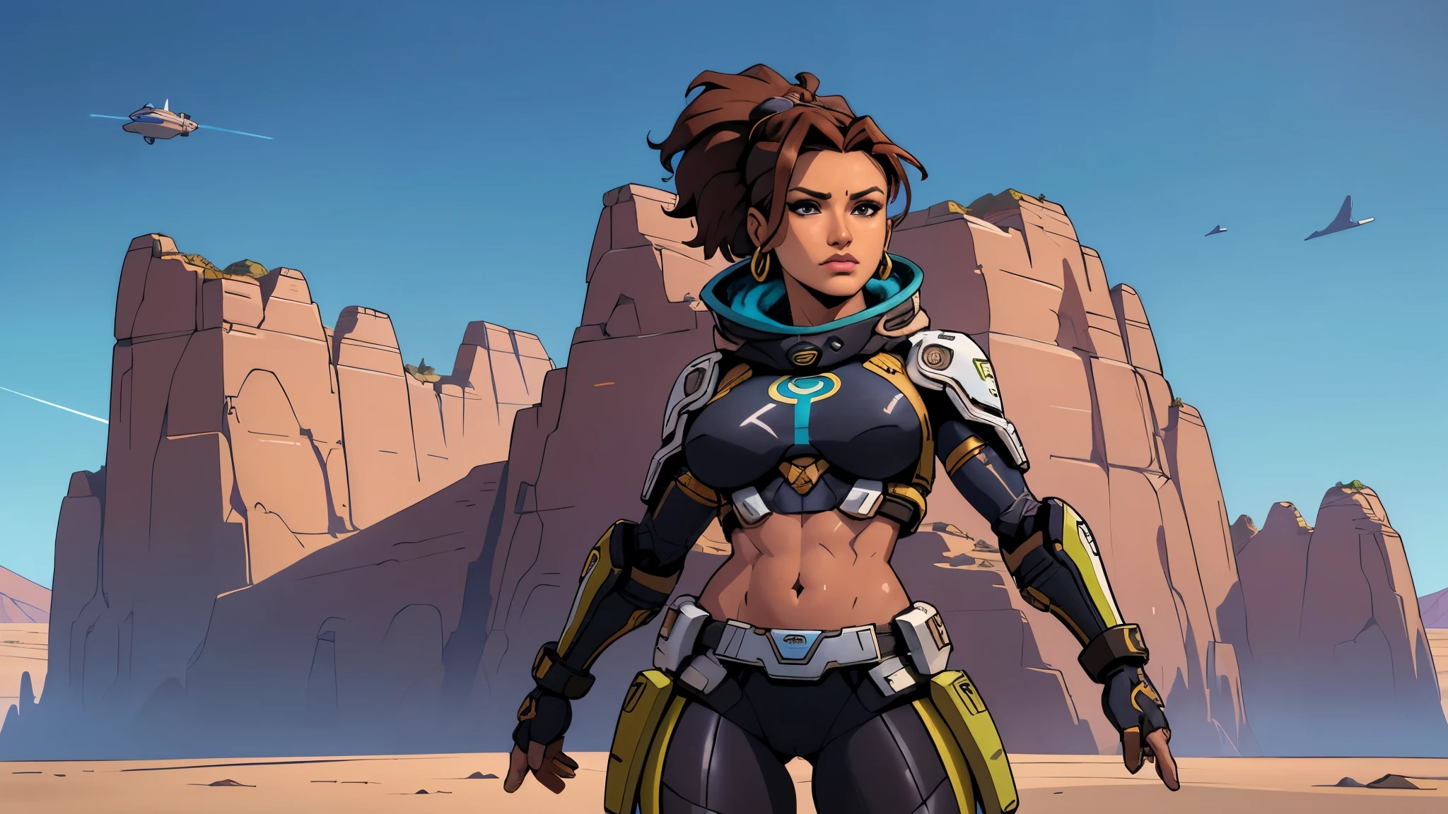 (((SCI-FI, pele escura, desenho de linha, aquarela, seios grandes, seios grandes))), arte de personagem HD, personagem mulher negra do jogo Borderlands, cabelo preto preso em um longo rabo de cavalo e ondulado com reflexos azuis, verde olhos, in dynamic style pose, pronta para enfrentar seus inimigos, behind her a futuristic desert, personagem NAKED do jogo Borderlands. Esta imagem de alta qualidade, renderizada em 8K Ultra HD, mostra detalhes intrincados da cena. obra-prima aprimorada digitalmente ou pintada com requinte, Science fiction, fronteiras, postura ativa, estilo de quadrinhos