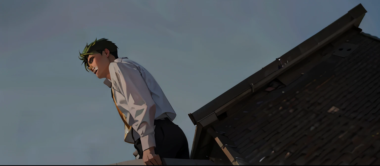 There is an 18 year old young man with green hair on top of a building.