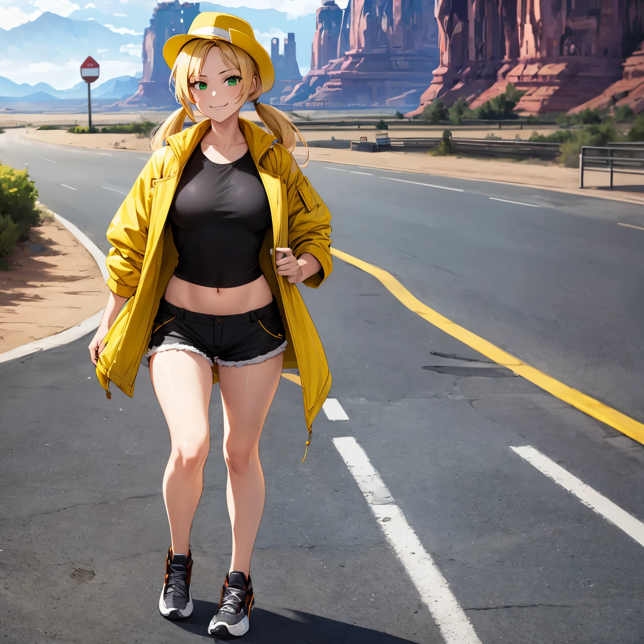 A woman wearing an open yellow coat, short shirt, exposed abdomen, short black shorts, sports shoes, long blonde hair, pigtails, green eyes, smiling, black hat, walking outside a gas station, in a region of Faroest with faroest mountains in Monument Valley,HDR, masterpiece, well defined, ultra resolution, high quality, 8k HD. (just a woman, solo)
