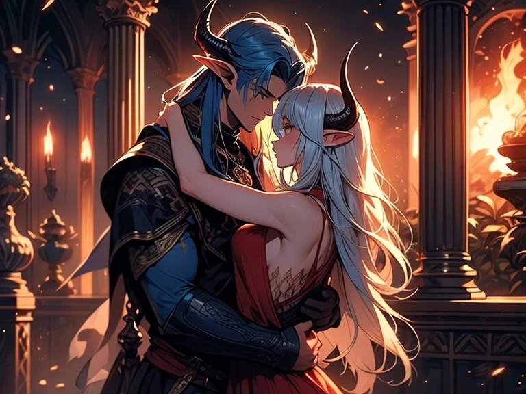 a tall male elf with huge muscles demon horns and dark blue long hair wearing armor hugging a female blonde elf in a medieval room near a pillar, dangerous huge burning comet falling down outside from the sky, dark sky, dangerous athmosphere, lovers, male with blue hair and blonde female elf