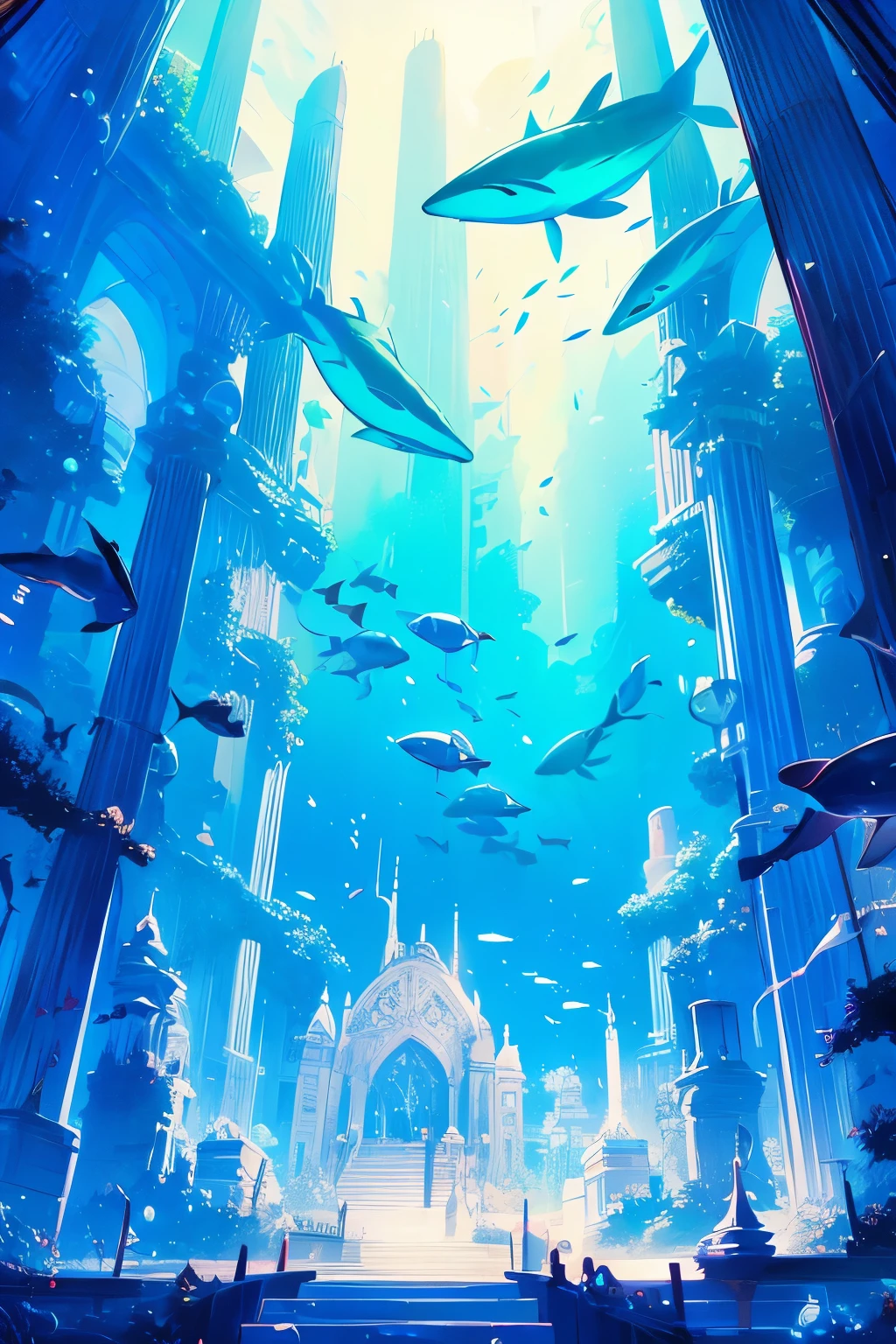 HDSJ, Blue Themes, pillar, Long hair, Black hair, Solo, scenery, column, Bubble, 1boys, Fish,Underwater
