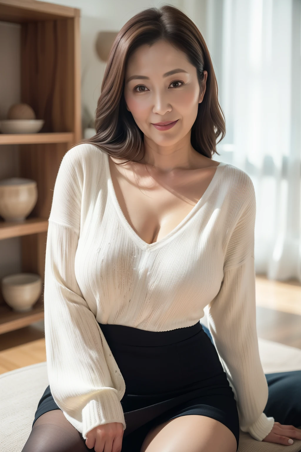 Solo.Selfie of a japanese woman. Woman standing in living room.sexy black pantyhose .((Best Quality:1.0)).(Photorealistic:1.3),(Raw photo),Sharp Focus,finely detailed,High Quality, High Definition,japanese, 1 Middle Aged Woman,detailed face,(muscular:1.0), (around 44 years old),black hair..Japanese mature, good shape big breasts,High resolution, High level image quality, high detail, masterpiece,  anatomically correct. .White V-neck long-sleeved knit with fabric so thin that the lace bra shows through. skirt.middle hair.perfect fingers.Bewitching expression on her face.maternal glance.looking at  viewer.bewitching smile.Frustrated and seductive expressions.