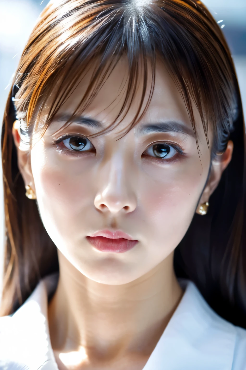 Masterpiece, 8K, high quality, high resolution, beautiful Japanese woman, 30 years old, poker face, glaring eyes, (detailed face, detailed eyes), looking at viewer, portrait