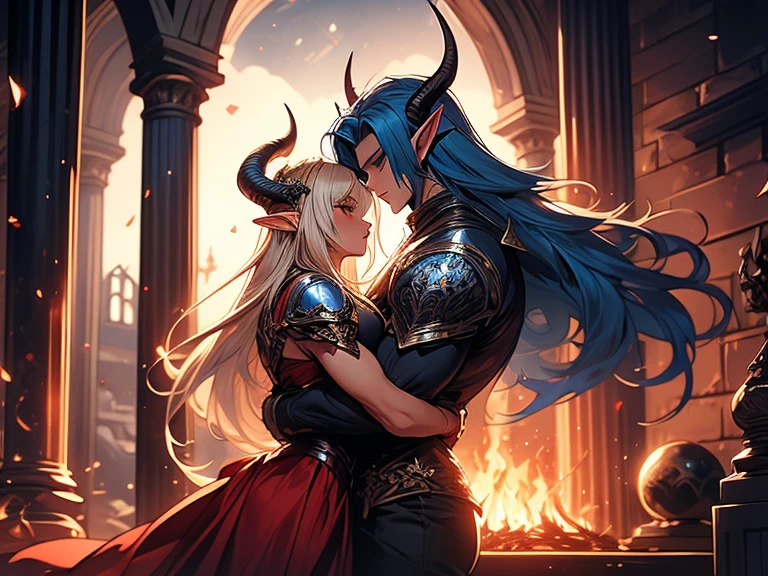 a tall male elf with huge muscles demon horns and dark blue long hair wearing armor hugging a female blonde elf in a medieval room near a pillar, dangerous huge burning comet falling down outside from the sky, dark sky, dangerous athmosphere, lovers, male with blue hair and blonde female elf