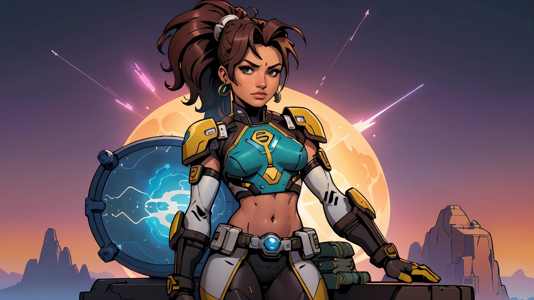 (((SCI-FI, pele escura, desenho de linha, aquarela, ????? grandes, ????? grandes))), arte de personagem HD, personagem mulher negra do jogo Borderlands, cabelo preto preso em um longo rabo de cavalo e ondulado com reflexos azuis, verde olhos, in dynamic style pose, pronta para enfrentar seus inimigos, behind her a futuristic desert, personagem ????? do jogo Borderlands. Esta imagem de alta qualidade, renderizada em 8K Ultra HD, mostra detalhes intrincados da cena. obra-prima aprimorada digitalmente ou pintada com requinte, Science fiction, fronteiras, postura ativa, estilo de quadrinhos