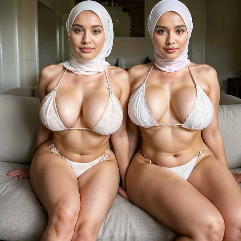 In a tastefully decorated living room, two sexually attractive mature (hijabi) (Muslim) moms with sensual hourglass figures sit side by side on a plush sofa. Both women are of the same height and body proportion, radiating confidence and grace.
They exude elegance and modesty, (wearing white lace hijabs) that beautifully frame their faces. (White stockings) adding a touch of allure to their legs.
But what catches the eye is the unexpected sight of extremely daring (a white bikini), exposed their curves. It serves as a symbol of their confidence and self-expression, defying societal expectations and showcasing their unique style.
Their choice to wear the white bikini is a statement of empowerment, illustrating that modesty and sensuality are not mutually exclusive. It challenges preconceived notions and celebrates the ability to express oneself authentically while staying true to their cultural and religious beliefs.
As they sit comfortably together, their camaraderie and shared experiences are evident. Their presence is a testament to the strength and beauty of women embracing their cultural and religious identities while embracing their own version of femininity and sensuality.
she is looking at viewer, skin texture, ultra high res, RAW, instagram LUT, masterpiece, best quality, ultra-detailed, ultra high resolution, RAW, 4k, (looking at viewer), extremely detailed eyes and face, ((beautiful detailed nose)), ((beautiful detailed thigh)), ((beautiful detailed eyes)), perfect body proportion, (looking at the camera), seductive face, cheerful, happy, (hijab) (SFW:1.5), (five fingers), detailed fingers, slightly fat,