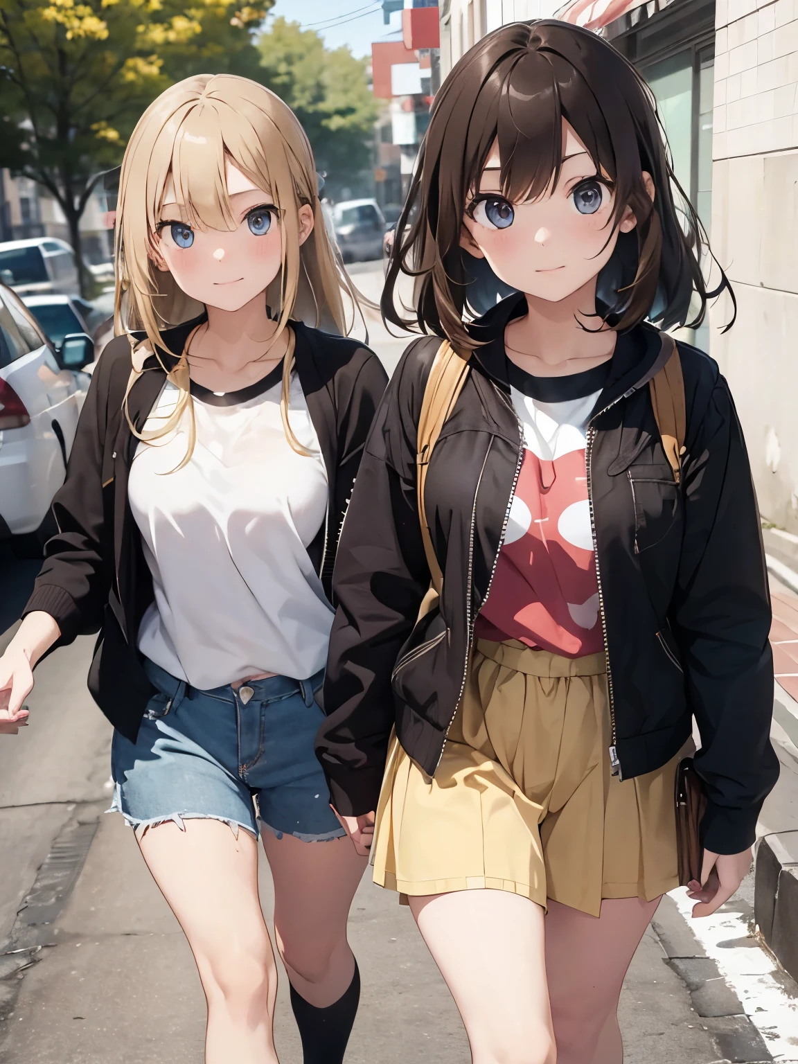 2 teenage girl in casual outfit walking, hair color- dark brown and blonde