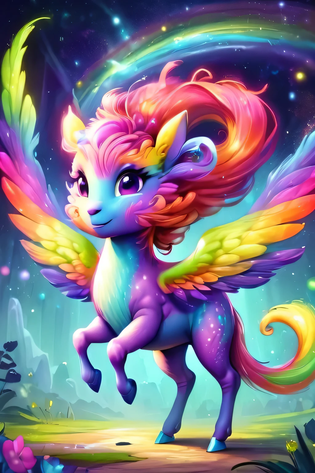 fantasy art , 8K, HD, Creature magic,coloful,rainbow,female,cute,pretty,fly,monster,pony