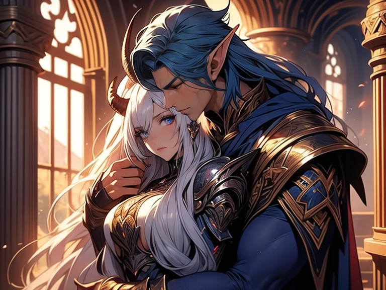 a tall male elf with huge muscles demon horns and dark blue long hair wearing armor hugging a female blonde elf in a medieval room near a pillar, dangerous huge burning comet falling down outside from the sky, dangerous athmosphere, lovers, male elf with blue hair and demon horns and big msucles wearing armor hugging a sexy female elf with blonde hair and a purple red armor dress, dangerous comets are falling from dark sky, lovers inside a medieval hallw ith pillars and huge windows, dynamic, loving hug, sexy clothing