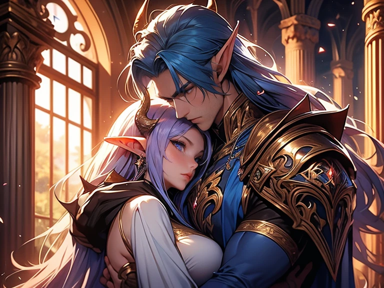 a tall male elf with huge muscles demon horns and dark blue long hair wearing armor hugging a female blonde elf in a medieval room near a pillar, dangerous huge burning comet falling down outside from the sky, dangerous athmosphere, lovers, male elf with blue hair and demon horns and big msucles wearing armor hugging a sexy female elf with blonde hair and a purple red armor dress, dangerous comets are falling from dark sky, lovers inside a medieval hallw ith pillars and huge windows, dynamic, loving hug, sexy clothing